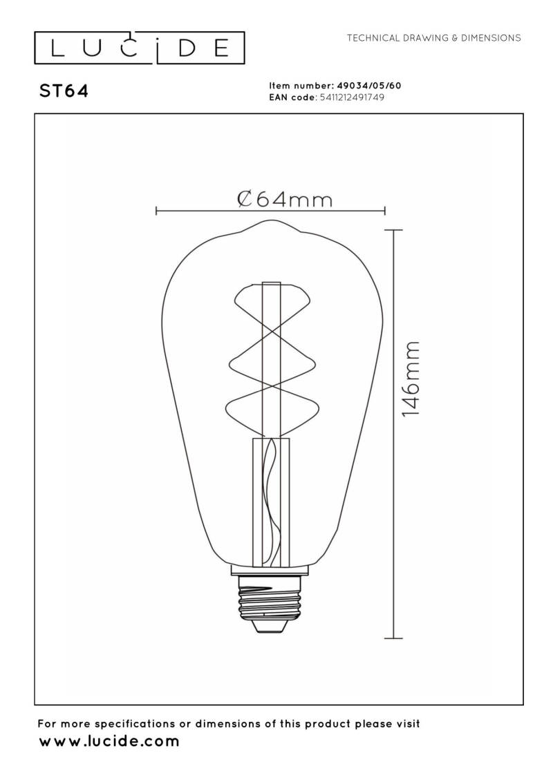 Lucide ST64 - Žiarovka - Ø 6,4 cm - LED Rozm. - E27 - 1x4,9W 2700K - Transparent